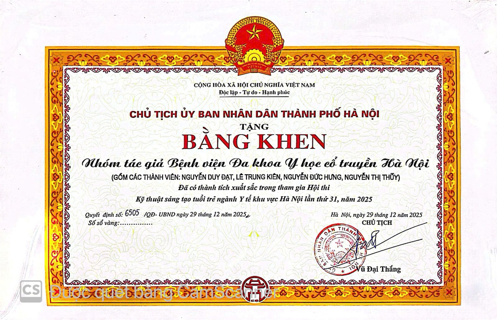 Bằng khen của UBND Thành phố Hà Nội