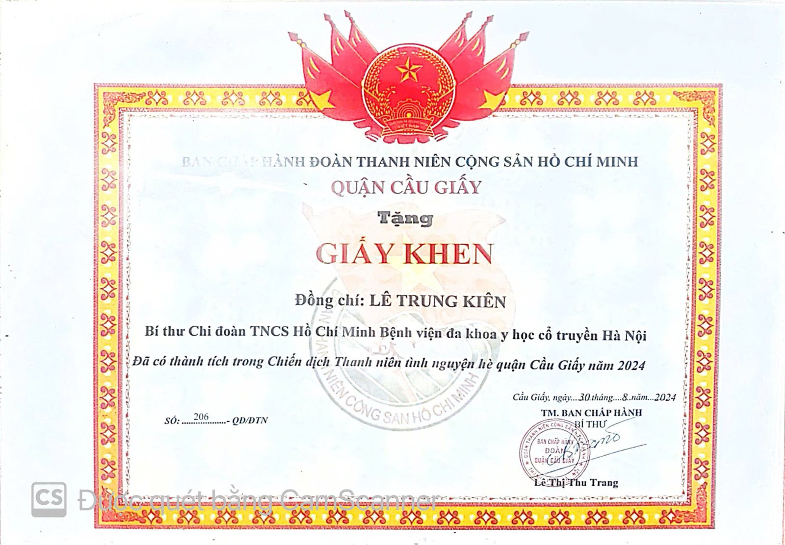 Giấy khen thành tích trong công tác Đoàn và phong trào thanh thiếu nhi năm 2023