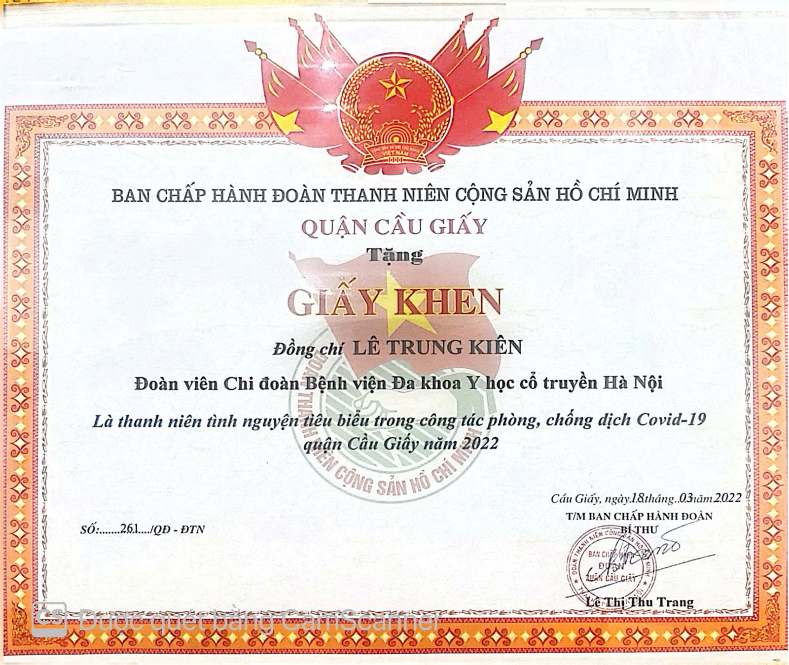 Giấy khen Đoàn viên tình nguyện tiêu biểu phòng chống dịch Covid-19