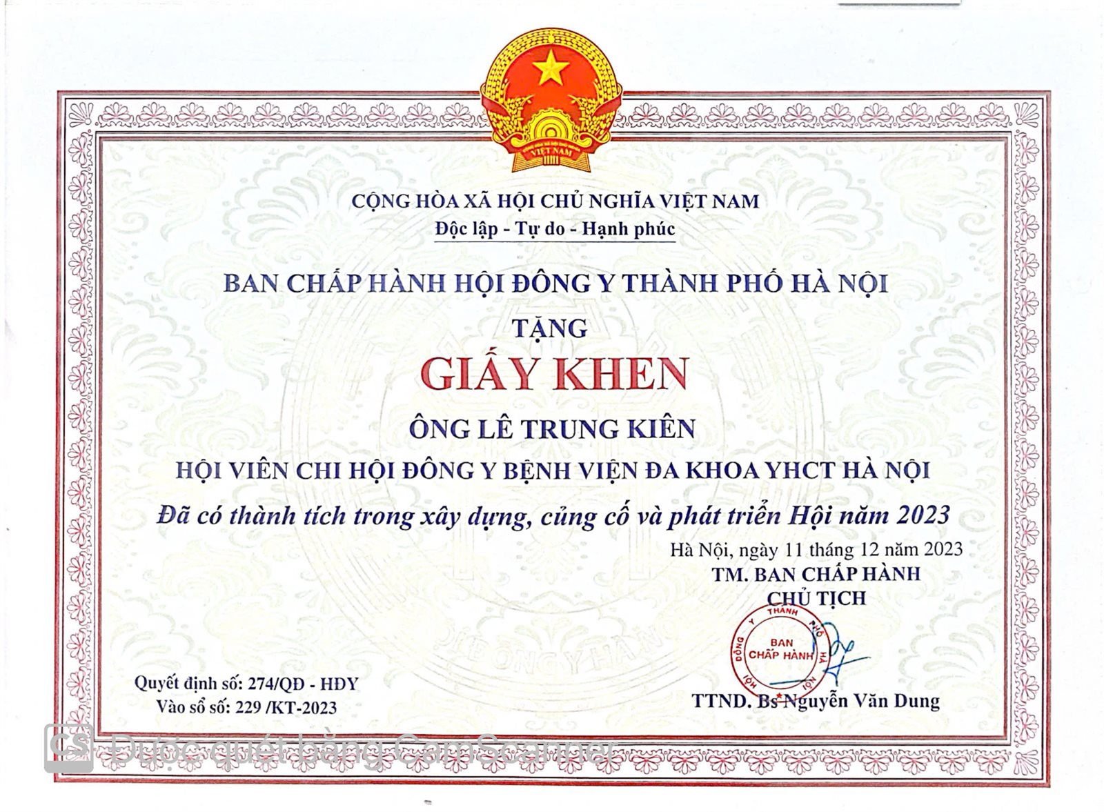 Giấy khen của Hội Đông y Hà Nội
