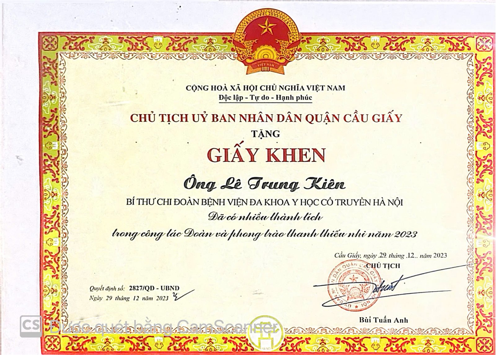 Giấy khen thành tích trong Chiến dịch Thanh niên tình nguyện hè quận Cầu Giấy năm 2024