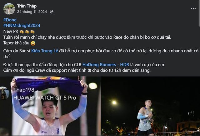 Bài đăng Facebook cảm ơn bác sĩ Kiên hỗ trợ phục hồi cơ trước giải HN Midnight 2024