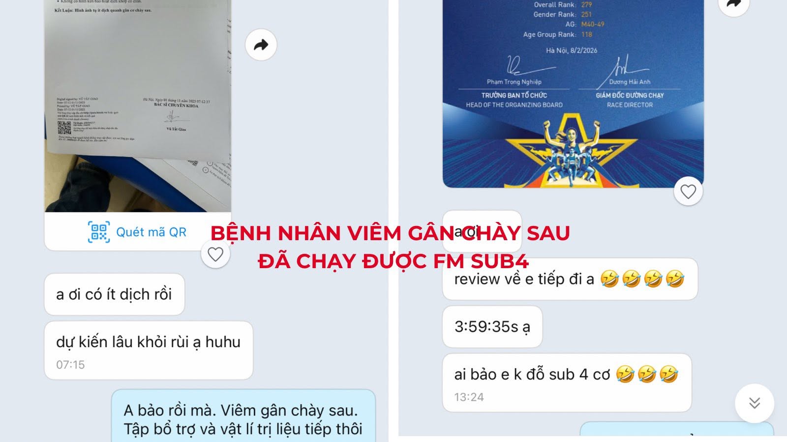 Tin nhắn Zalo bệnh nhân viêm gân chày sau, đã hoàn thành marathon sub 4 giờ